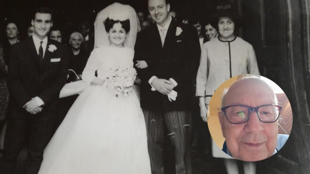 Fotomontaje de Alfonso en una foto actual y con su mujer en su boda.