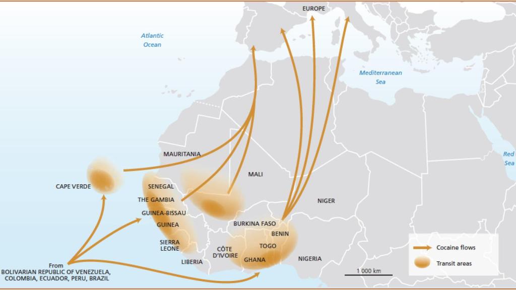 Rutas de la droga procedente de Sudamérica a través del sáhara.