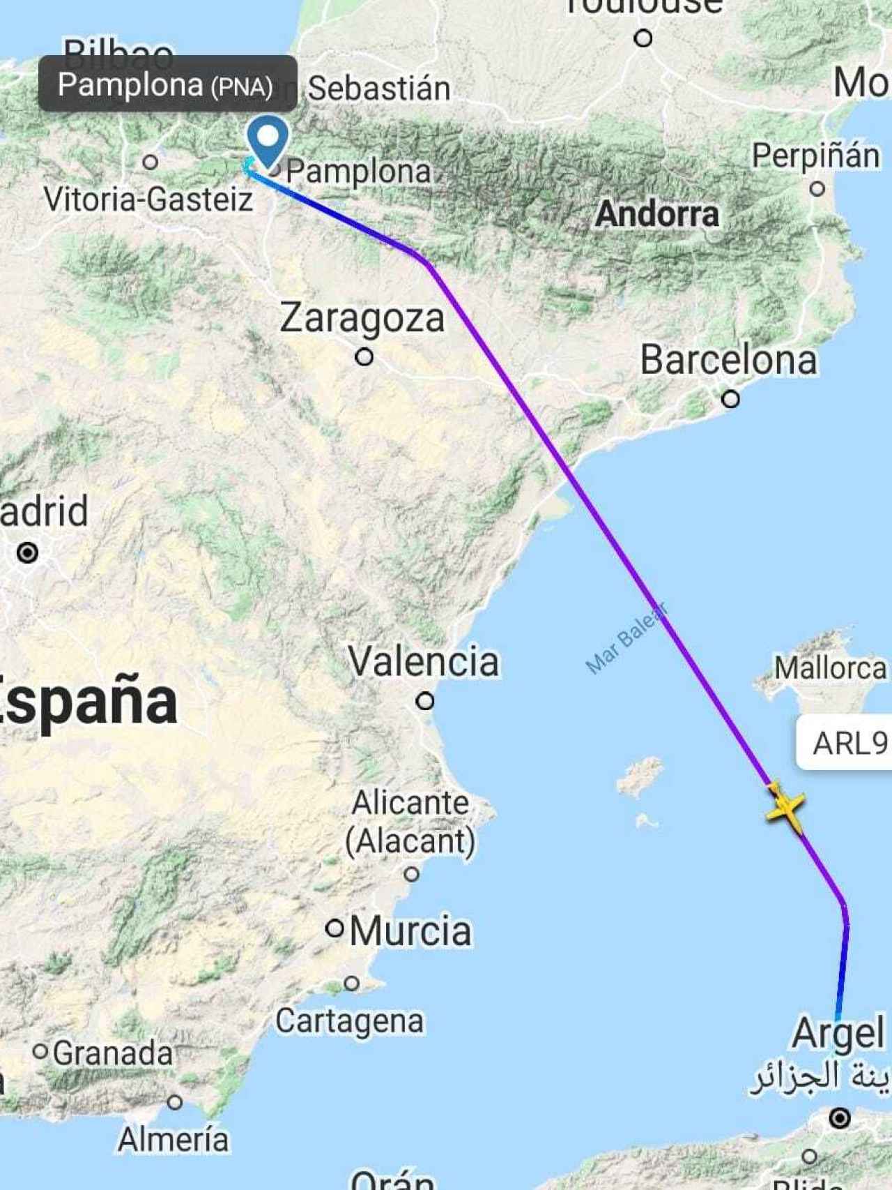 Ruta del vuelo de Ghali de Pamplona a Argel.