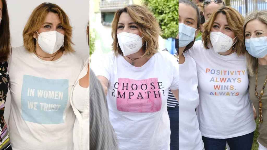 Susana Díaz, con algunas de las camisetas que ha lucido ya en las primarias del PSOE-A.