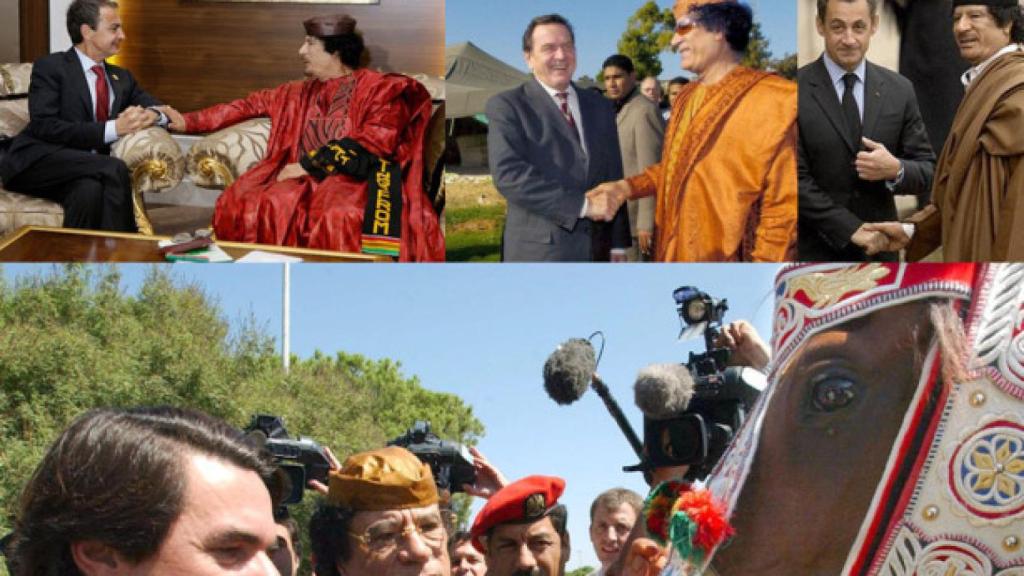 Muamar el Gadafi, José María Aznar y El Rayo del Líder en Trípoli en septiembre de 2003.