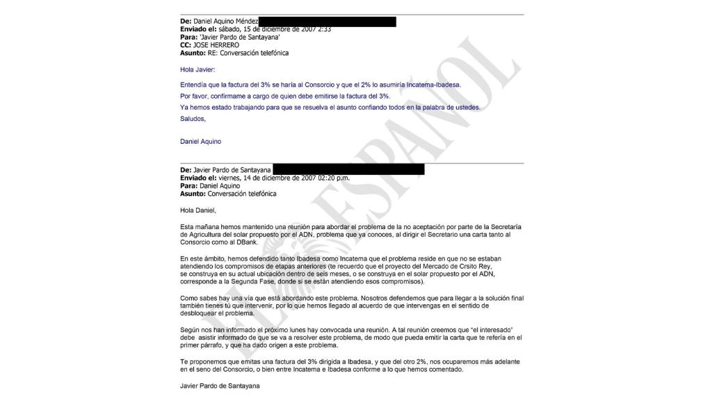 El email en el que Javier Pardo de Santayana confirma el pago de comisiones a Daniel Aquino a través de Ibadesa, la sociedad de Herrero de Egaña, por el proyecto de República Dominicana.