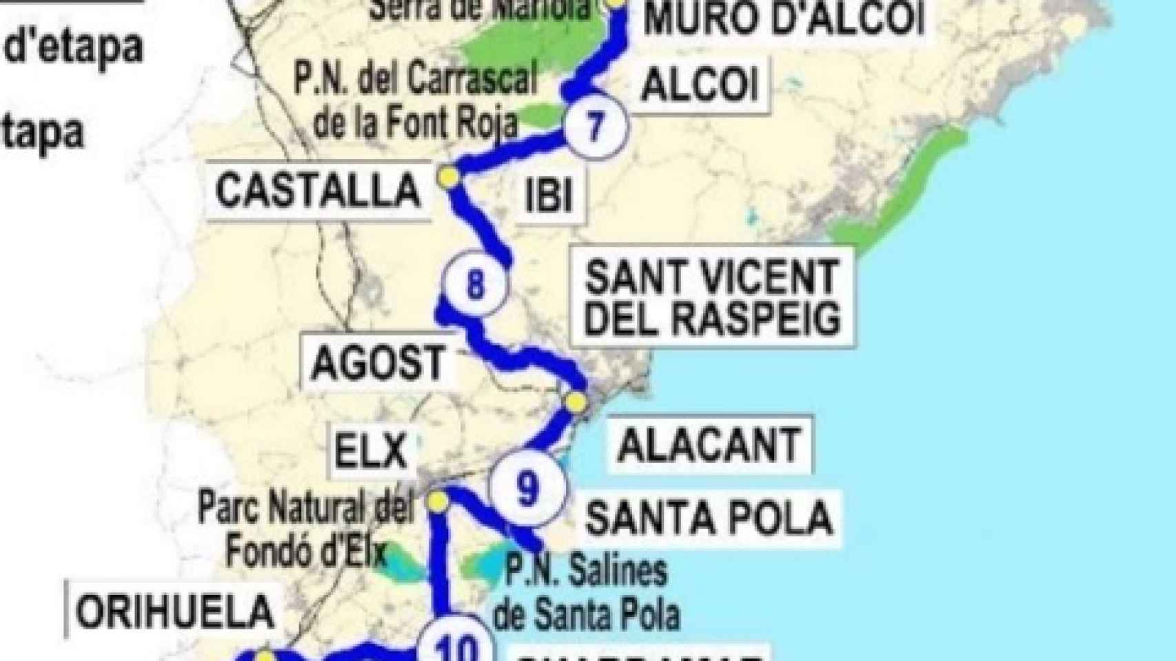 Mapa proyectado del Eurovelo con las rutas para la provincia de Alicante