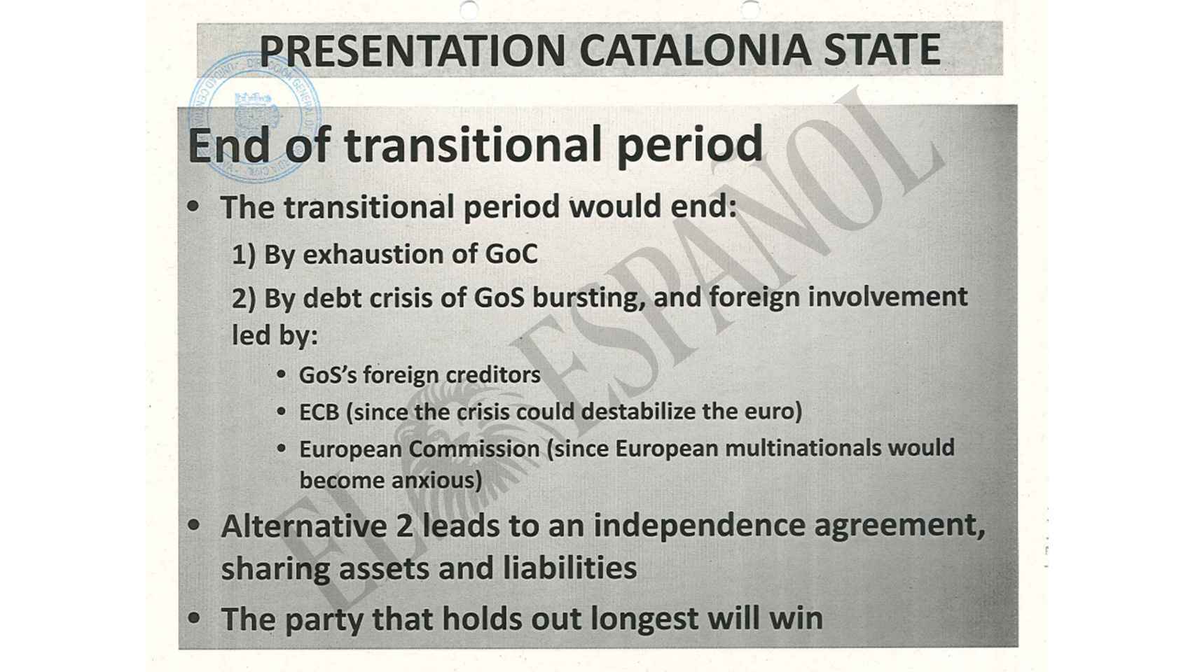 El documento recoge el objetivo de provocar una crisis de deuda para obligar a España a negociar la independencia.
