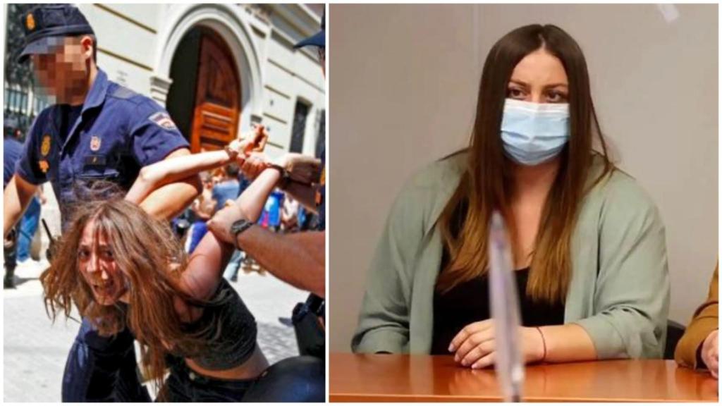 María, durante su detención en el 15-M y en su declaración en el juzgado. EE/EFE