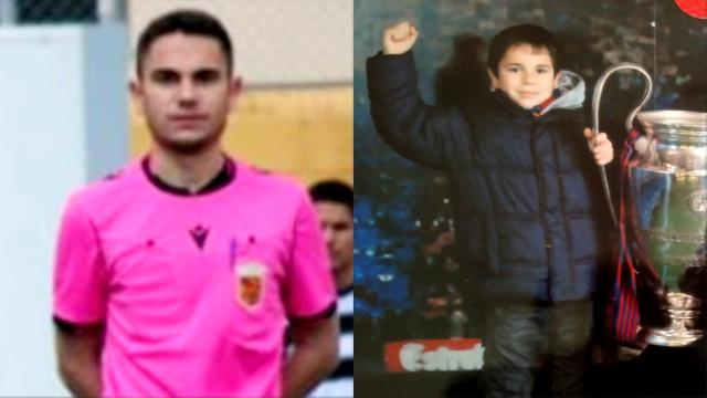 Fernando, vestido de árbitro, junto a una imagen suya, de niño, con una Copa de Europa del Barcelona.