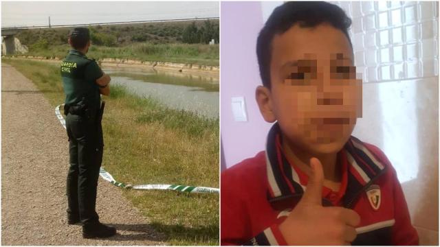 Un guardia civil en la zona donde ha sido encontrado el cuerpo y una foto del menor difundida por su familia.