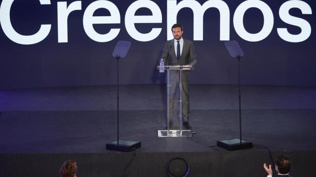 Pablo Casado, durante la presentación este lunes en Madrid de la Convención del PP.