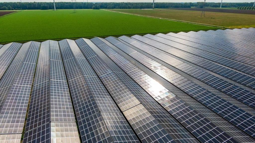 Placas solares con aerogeneradores al fondo.