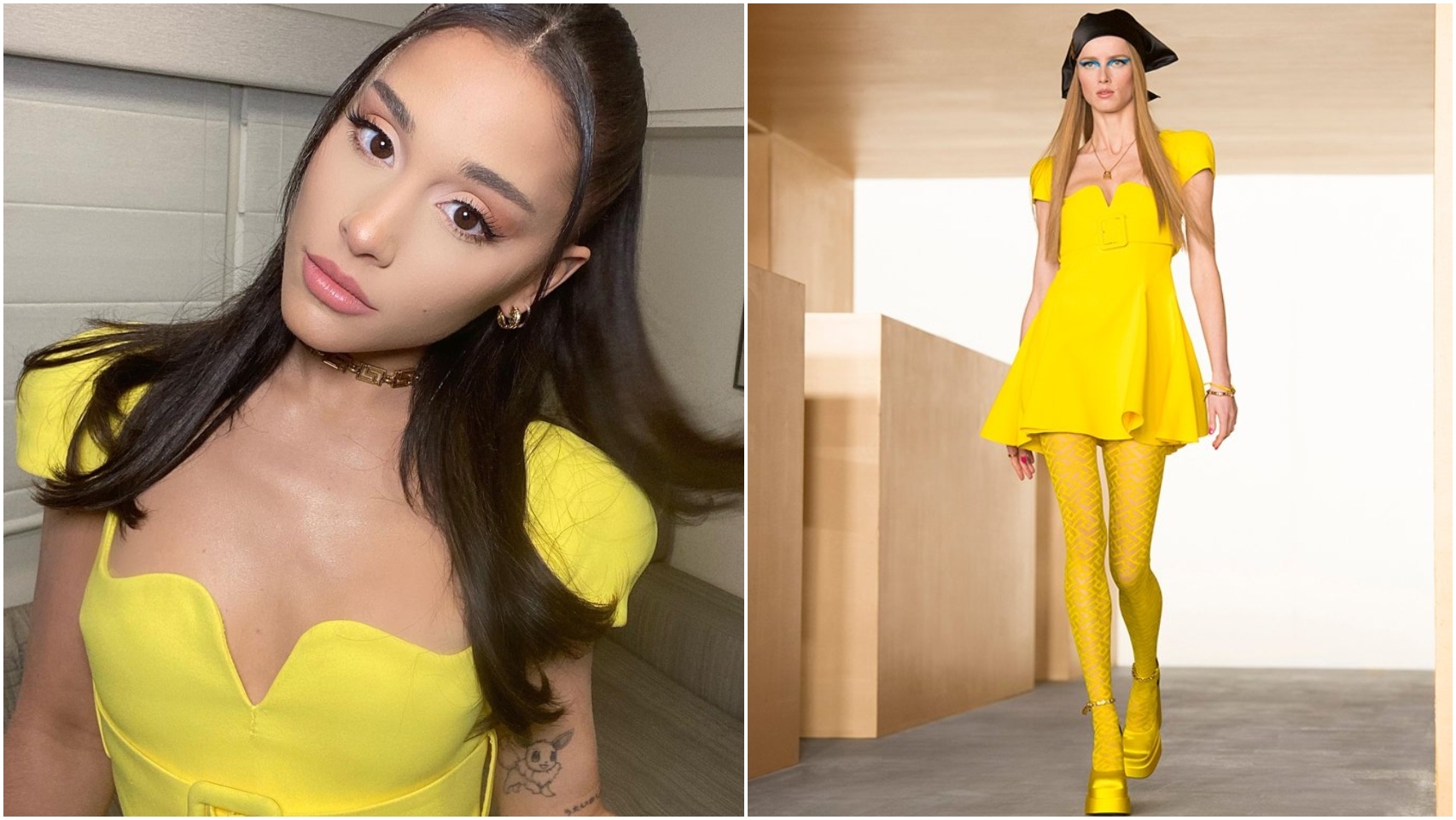 Ariana Grande y la modelo con el 'look' 36 de la colección Fall Winter 2021 de Versace.