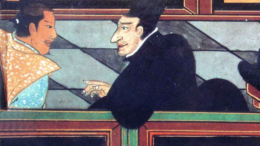 Jesuita y noble japonés conversando en un grabado del 1600