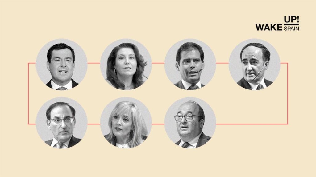 De izquierda a derecha y de arriba a abajo, el presidente de la Junta de Andalucía, Juanma Moreno; la consejera de Agricultura, Ganadería, Pesca y Desarrollo Sostenible de la Junta de Andalucía, Carmen Crespo; el director general adjunto de Migasa, Antonio Gallego; el presidente de la Autoridad Portuaria de Algeciras, Gerardo Landaluce; el presidente de la Confederación de Empresarios de Andalucía, Javier González de Lara; la secretaria general de UGT Andalucía, Carmen Castilla y el ministro de Política Territorial y Función Pública, Miquel Iceta.