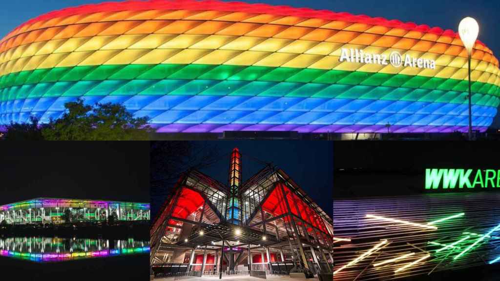 El Allianz Arena iluminado con la bandera arcoíris y los estadios alemanes que secundan su propuesta, en un fotomontaje