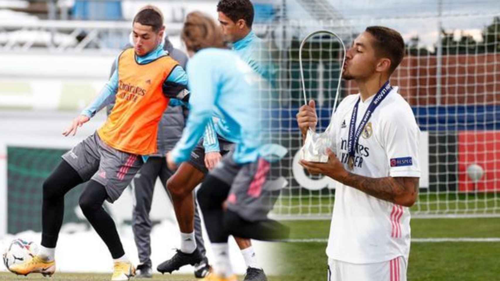 Óscar Aranda, durante un entrenamiento con el primer equipo del Real Madrid y con la Youth League, en un fotomontaje