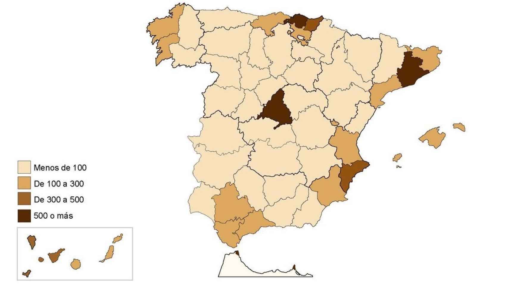 Densidad de población por kilómetro cuadrado en las provincias españolas.