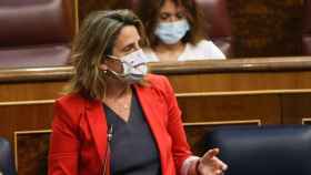 La ministra Teresa Ribera con mascarilla de Alimentos de Castilla-La Mancha