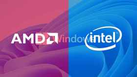 Fondo de pantalla de Windows 11 con los logos de AMD e Intel.
