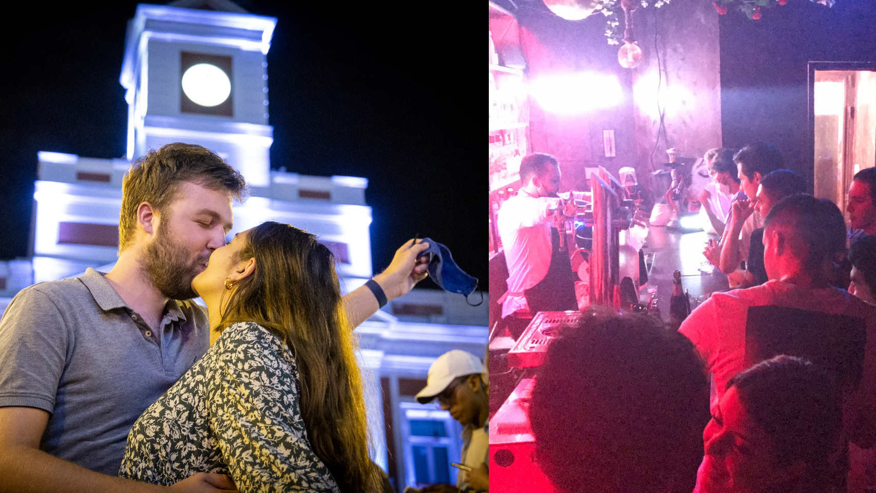 A la izquierda, una pareja se besa por el fin de las mascarillas en exteriores y, a la derecha, un numeroso grupo de personas en una discoteca.