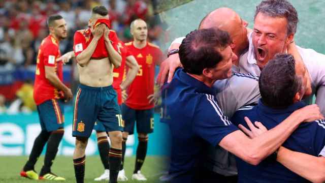 España, tras la derrota en el Mundial frente a Rusia y tras la victoria frente a Croacia en la Eurocopa, en un fotomontaje