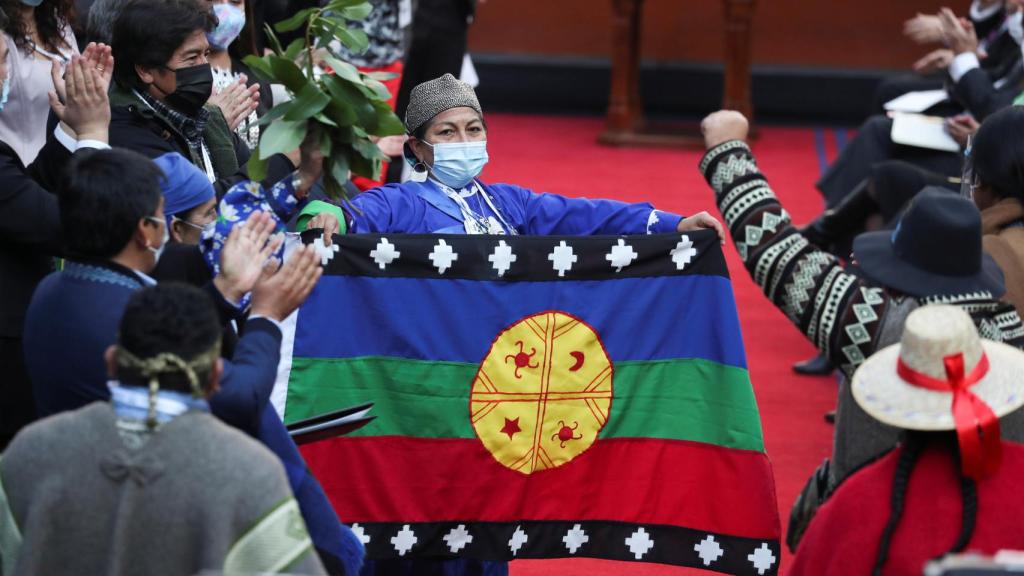 Elisa Loncón sostiene la bandera mapuche .
