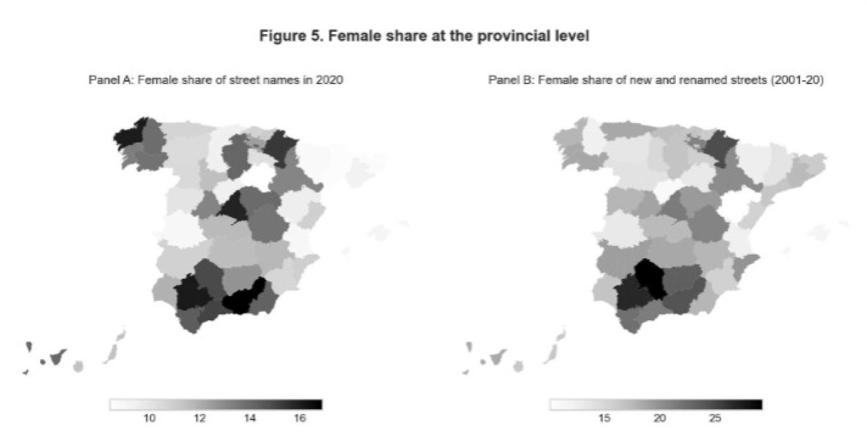 La representación de las calles con nombres de mujer por provincias.