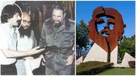 Gelo durante un encuentro con Fidel Castro (izquierda) y la rotonda con la imagen del Che Guevera en Oleiros.