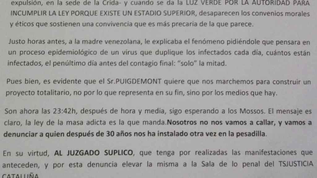 Fragmento de la denuncia presentada por Esteban Gómez Rovira contra Carles Puidemont.