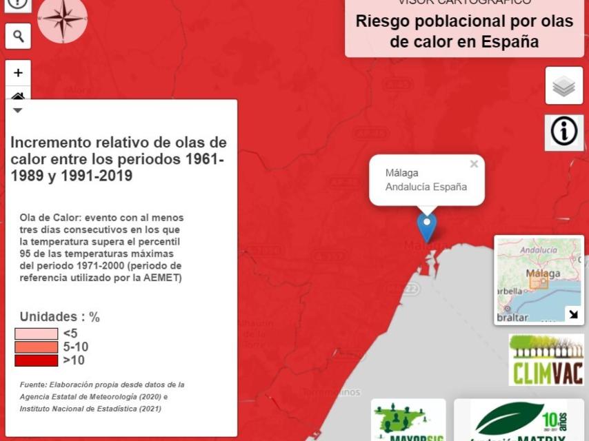 Mapa de la provincia con el aumento de olas de calor en Málaga.