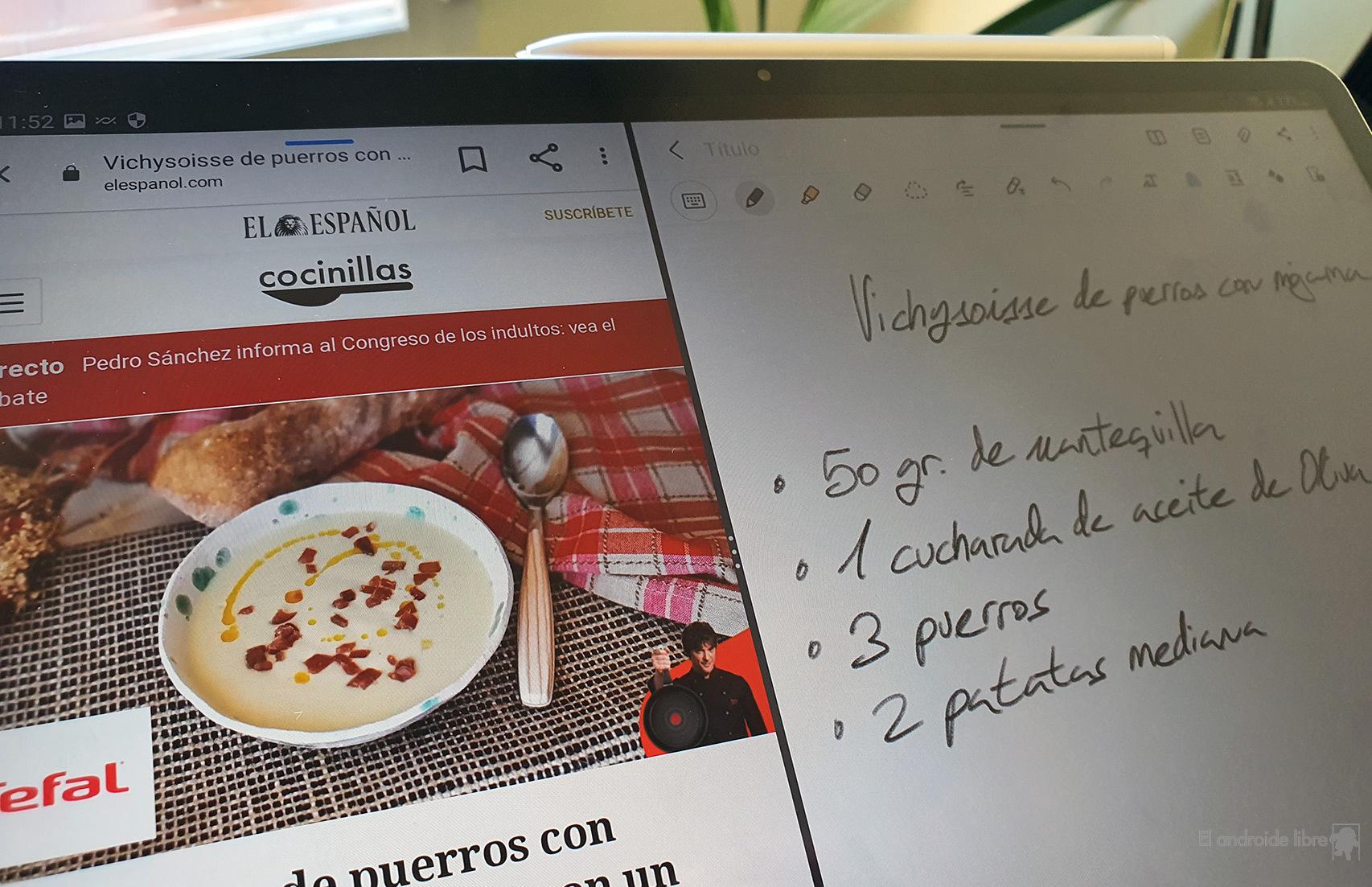 Pantalla dividida para apuntar receta en una nota