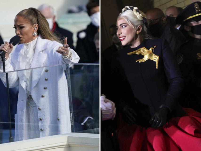 Lady gaga con el broche en forma de paloma.