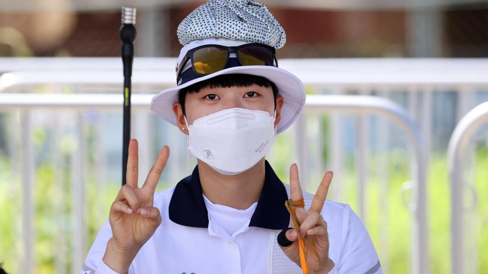 La arquera surcoreana San An celebra su récord olímpico en los JJOO de Tokio 2020
