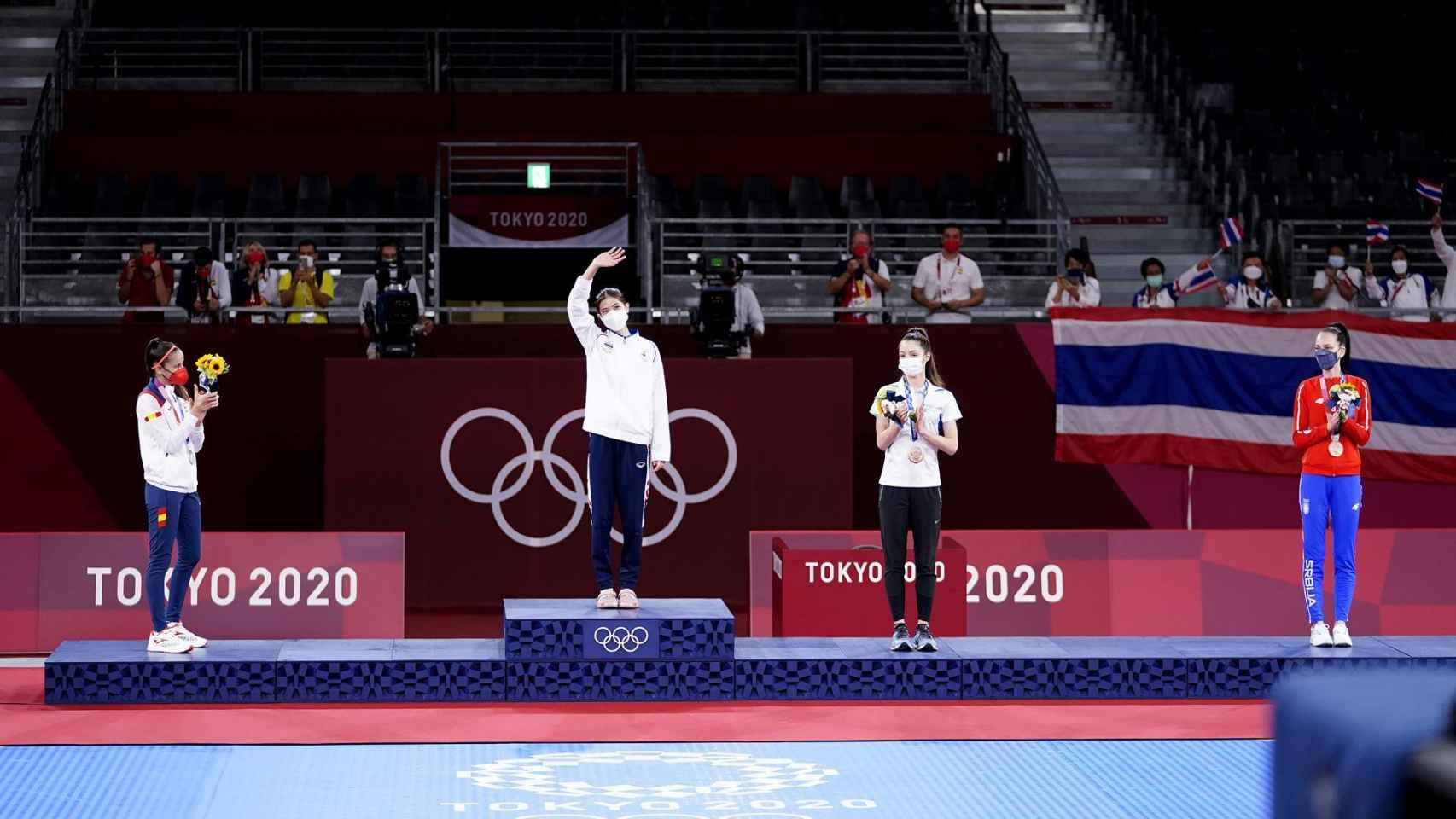 Podio de la final de Taekwondo en los Juegos Olímpicos de Tokio 2020