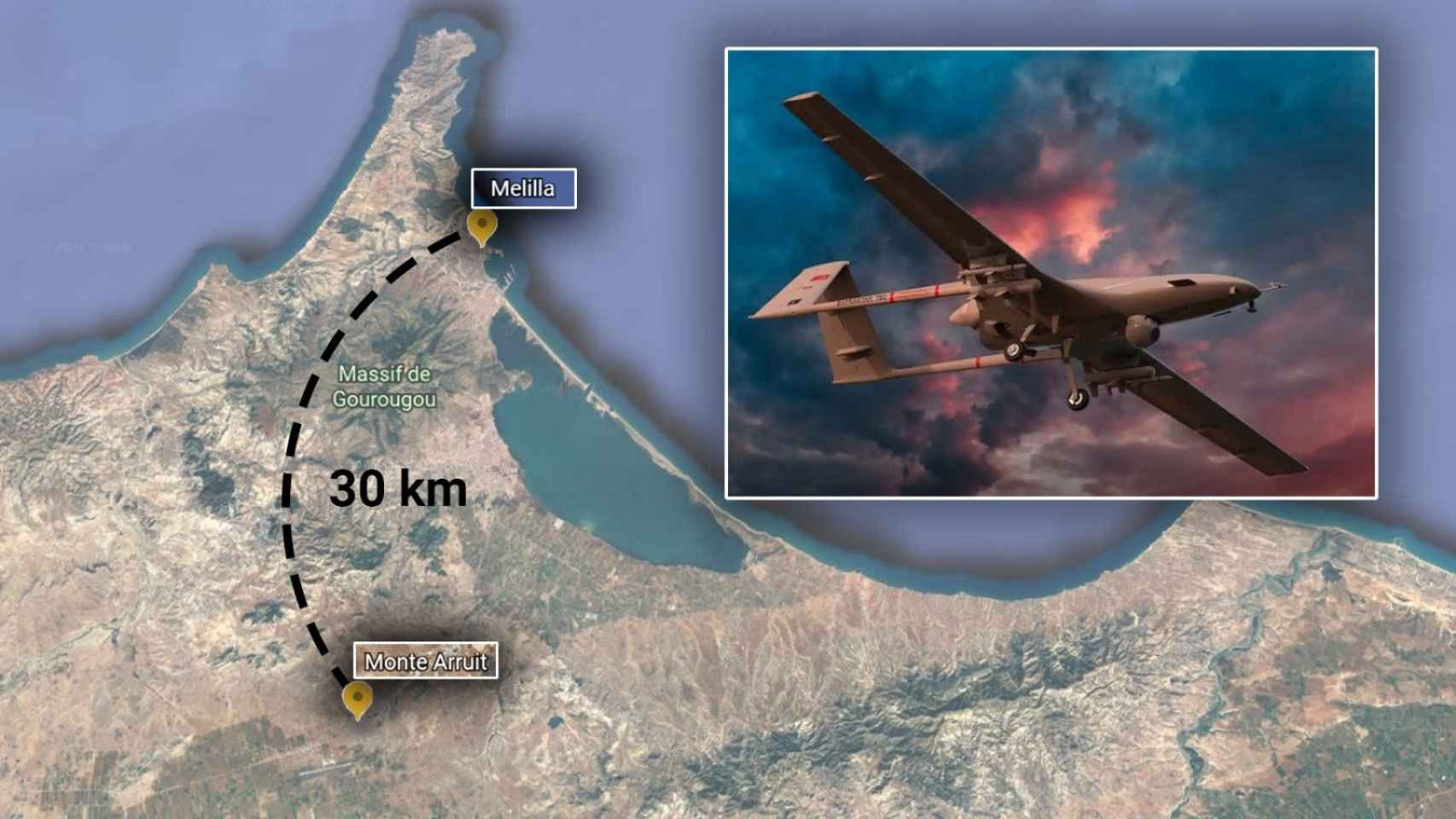 Mapa con la ubicación de Monte Arruit y Melilla y un dron modelo Bayraktar TB2.