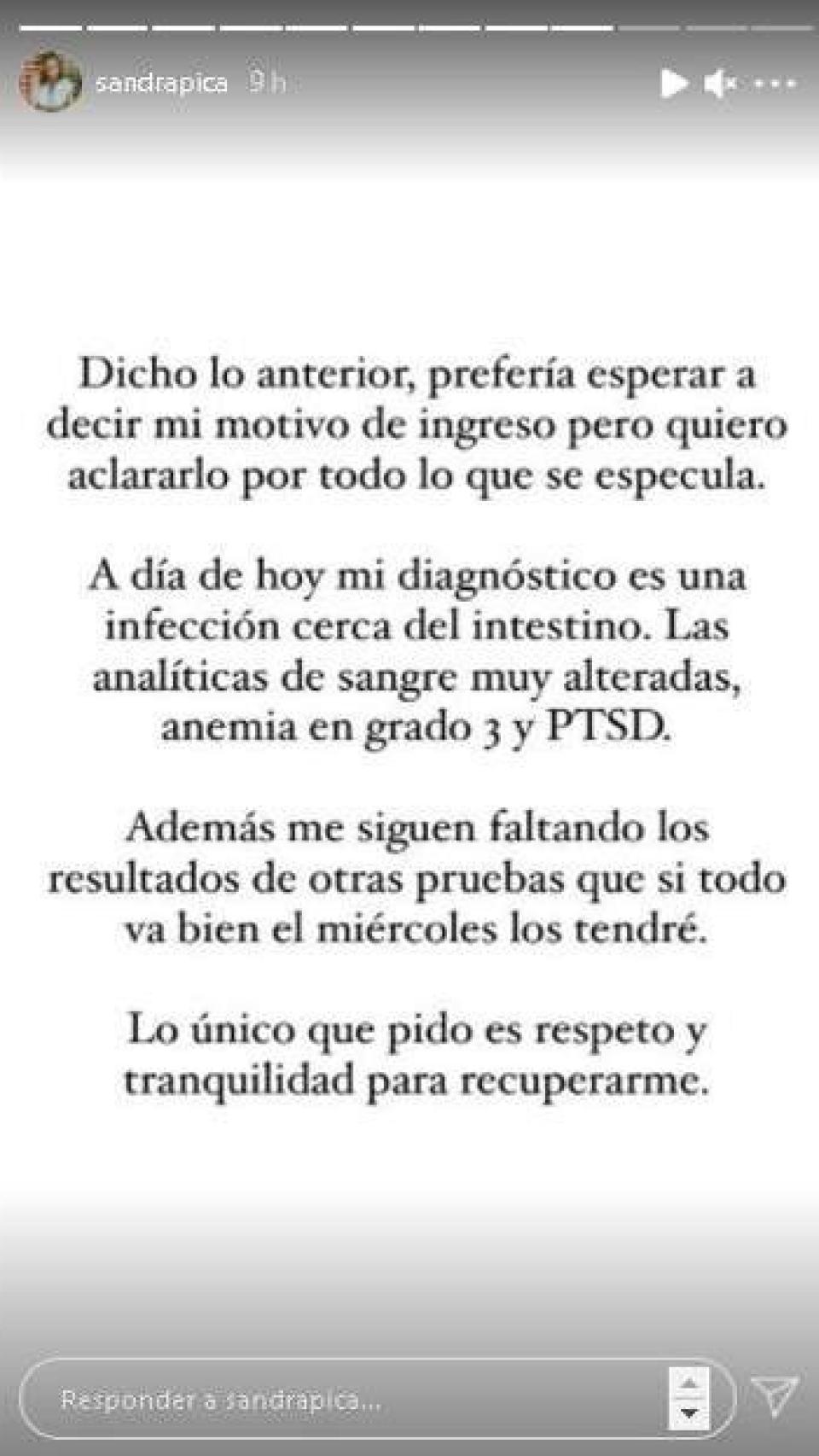 Uno de los 'stories' compartido por Sandra Pica.