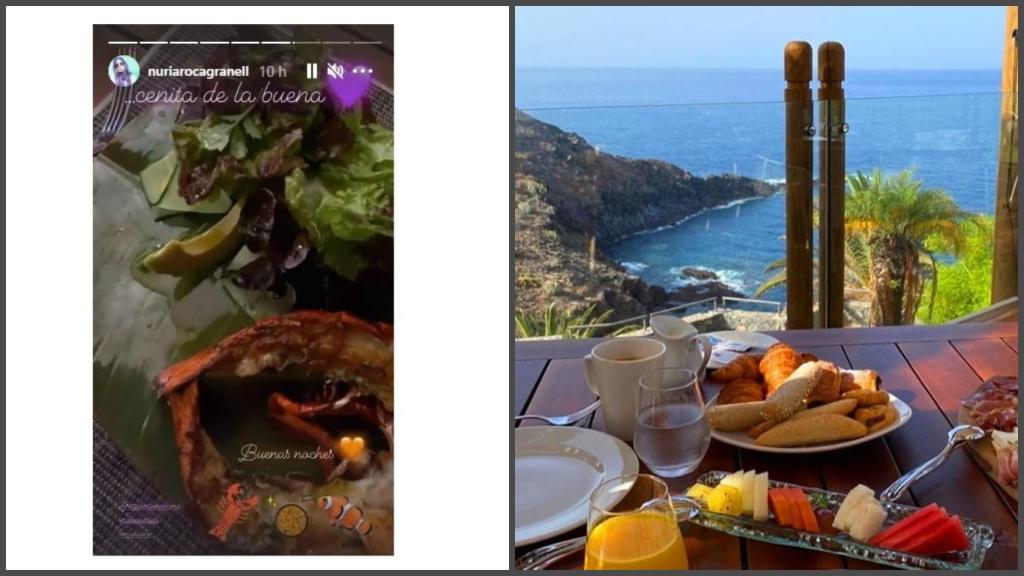 A la izquierda, 'story' compartido por Nuria en el que muestra su cena. A la derecha, una de las posibilidades gastronómicas del hotel.
