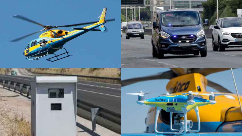 Un helicóptero-radar de la DGT, una furgoneta, un rada fijo y un dron.