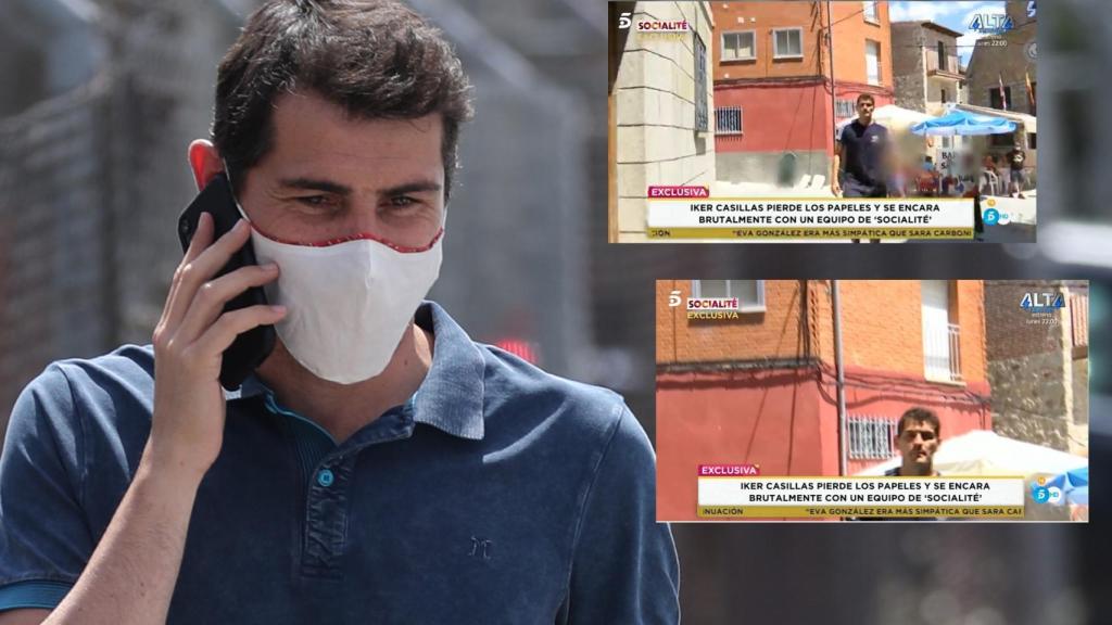 Iker Casillas en montaje de JALEOS junto a dos momentos de su encontronazo con una reportera de Telecinco.