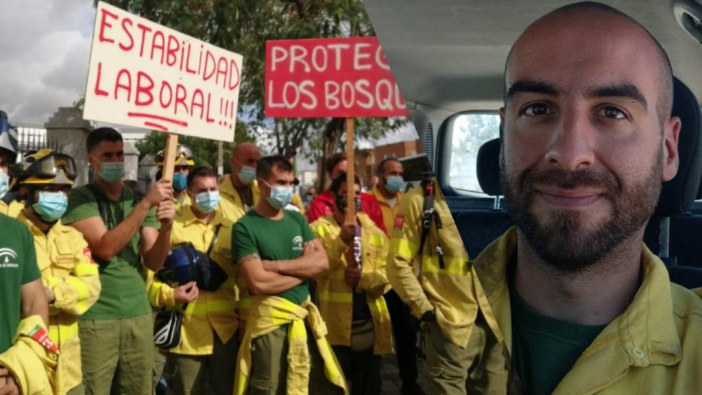 Juan Ramos, en un fotomontaje junto a unas protestas de sus compañeros.