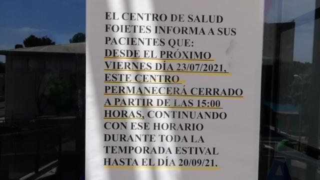 Sigue la sangría en Sanidad: el centro de salud de Foietes, de Benidorm, cierra por las tardes hasta septiembre.