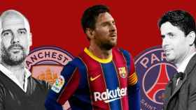 Montaje fotográfico de Leo Messi con Pep Guardiola y el City, y Nasser Al-Khelaifi y el PSG