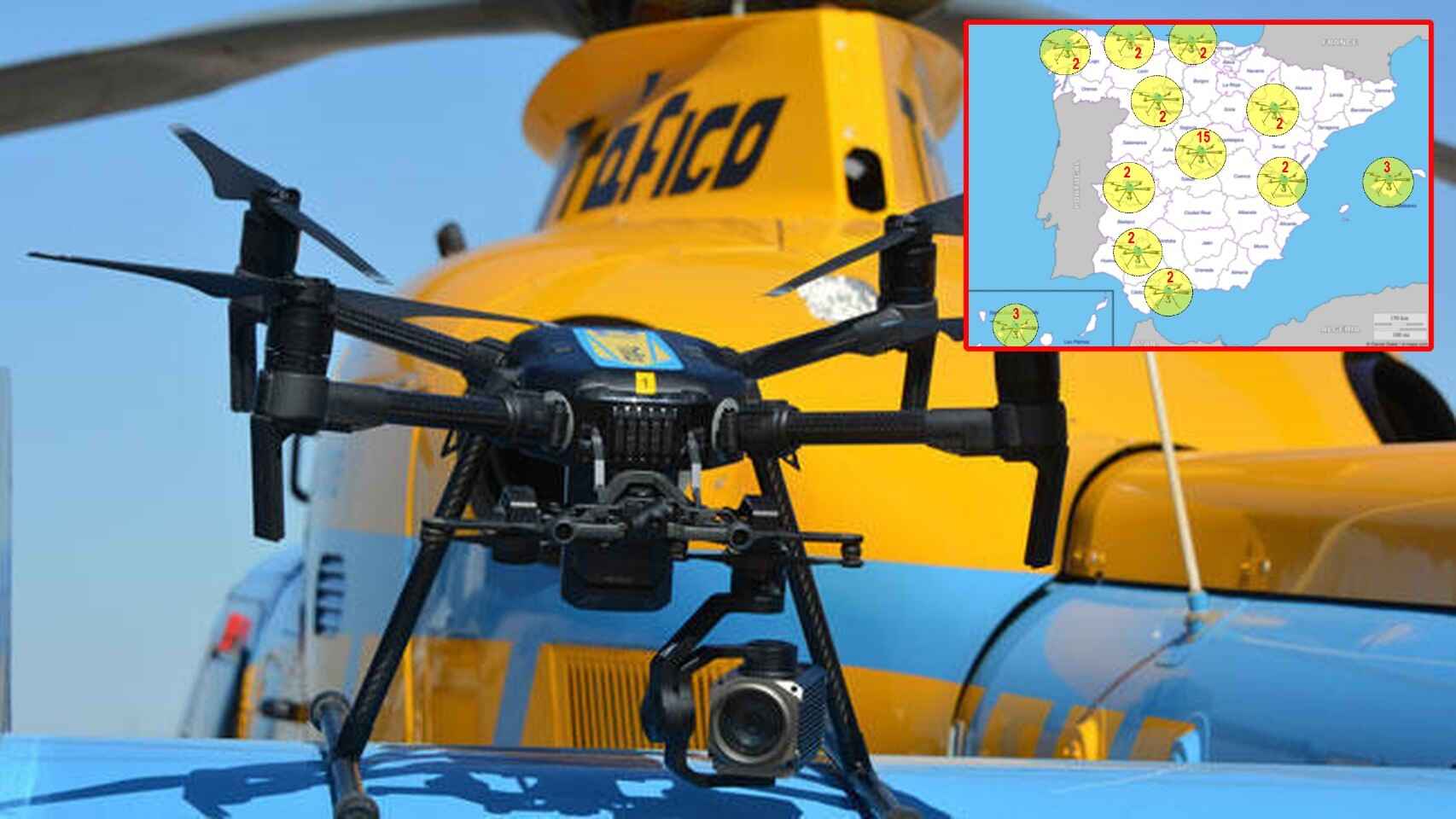 Uno de los 39 drones de la DGT y el mapa por donde vuelan.