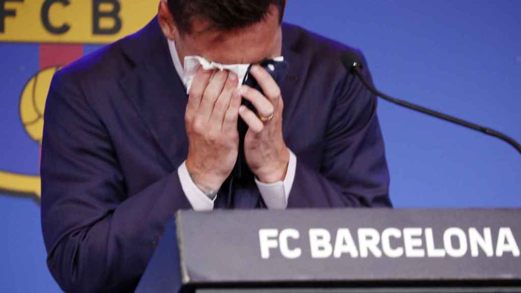 Leo Messi, llorando en su discurso de despedida del Barça