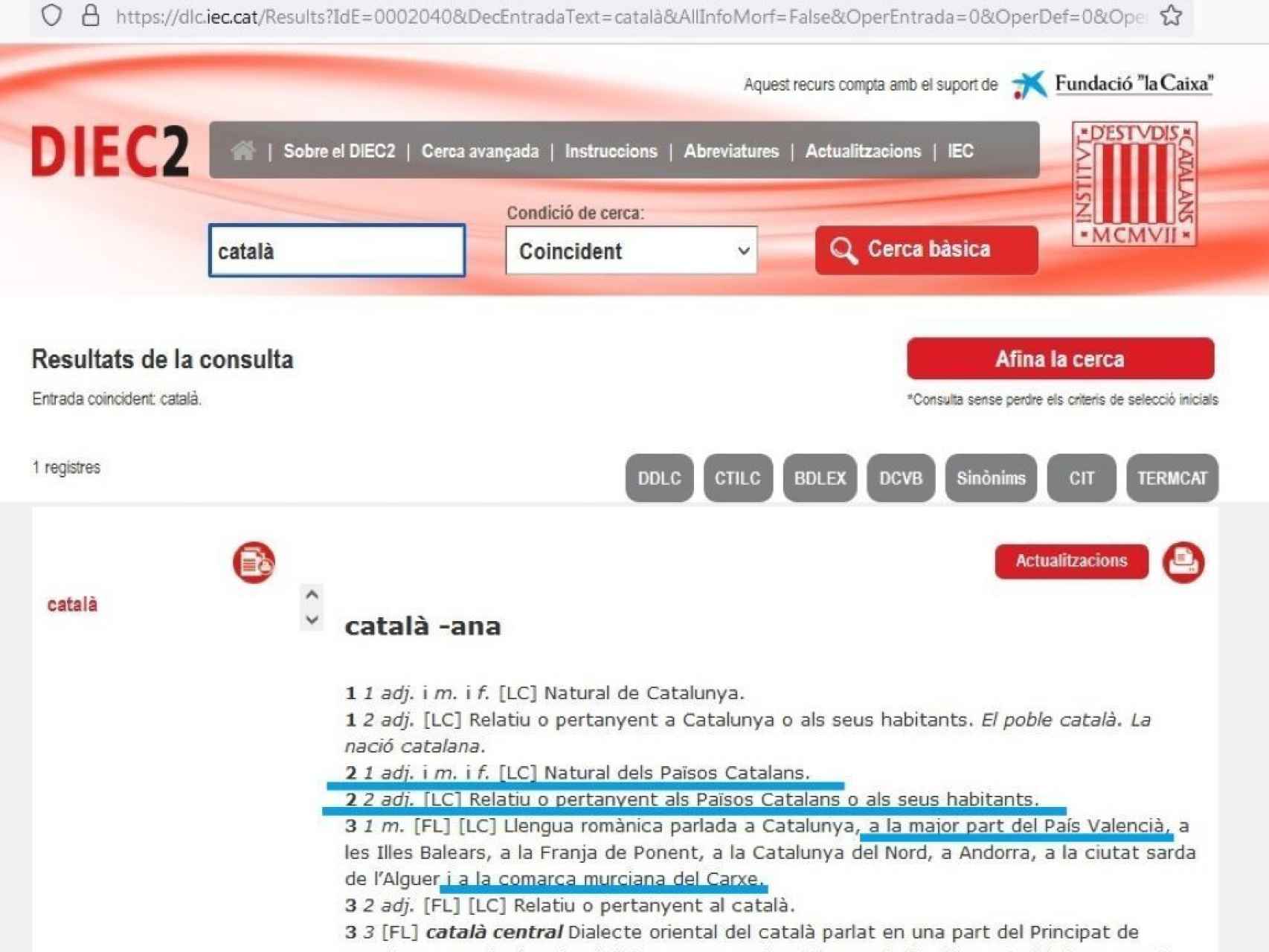 El término catalán en el diccionario del Institut d'Estudis Catalans (IEC).