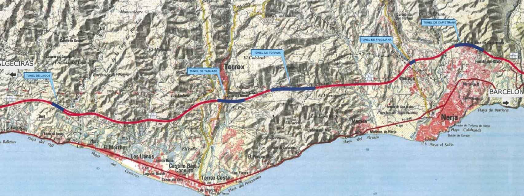 Plano de la parte oriental de la provincia con la localización de los túneles de la A-7.
