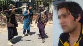 Wakil, que lleva nueve años trabajando para la Embajada española, junto a una imagen de los talibán que han entrado en Kabul.