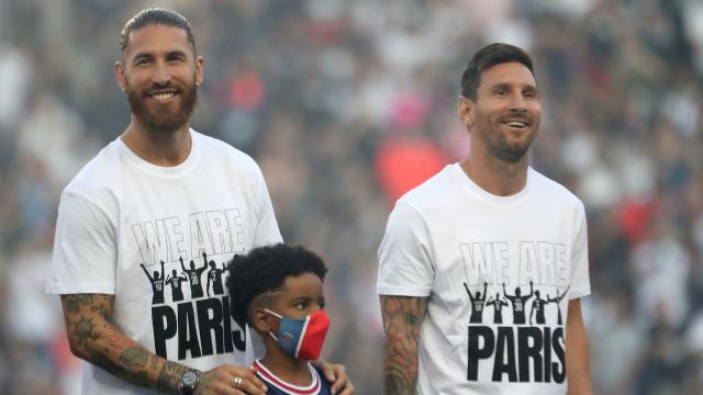 Sergio Ramos y Messi, en su presentación con el PSG