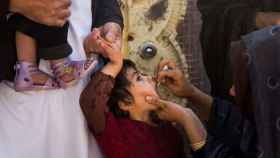 Un niño afgano recibe un medicamento.