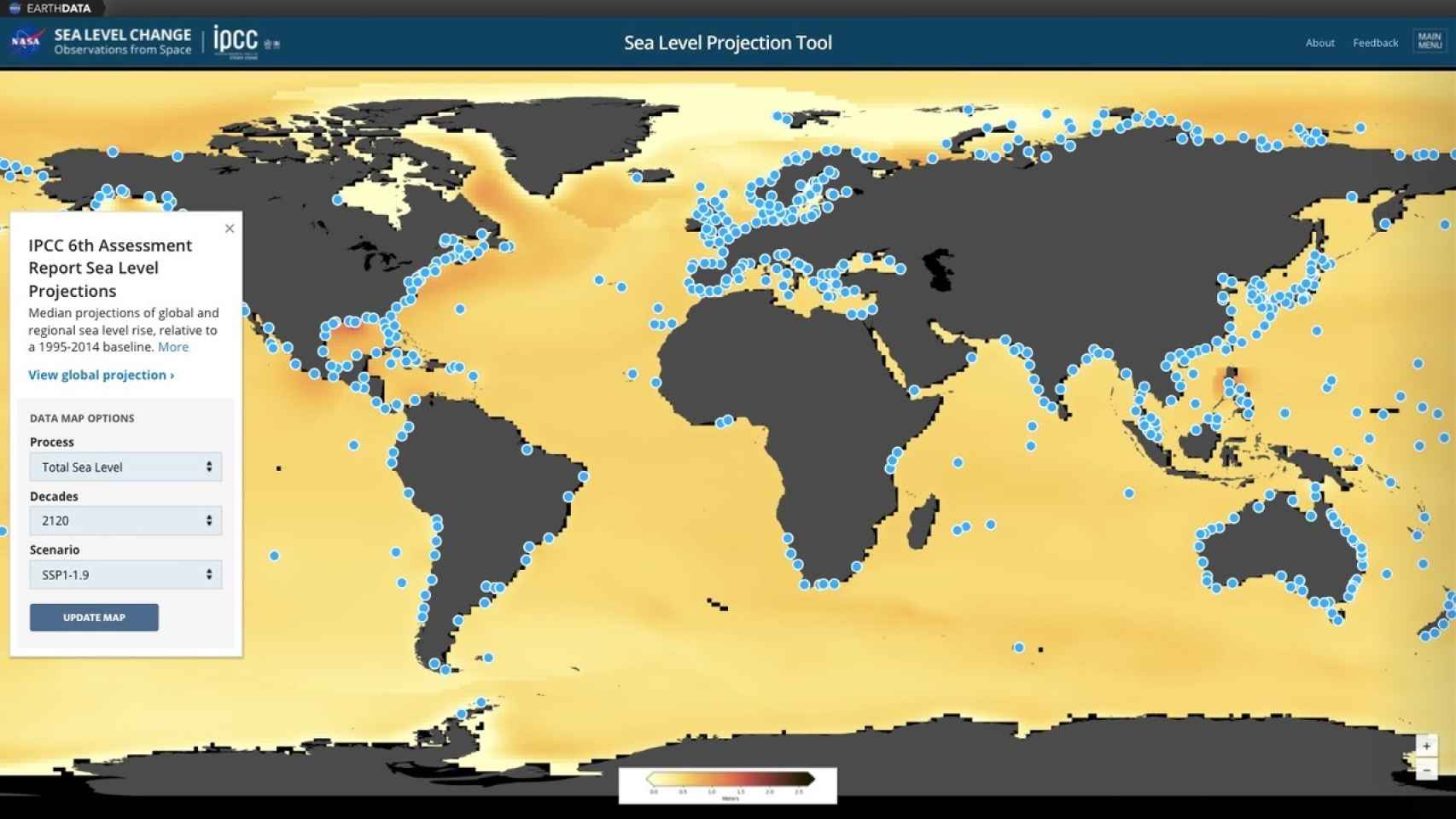 Mapa de la NASA mostrando los puntos del planeta que sufrirán la subida del nivel del mar.