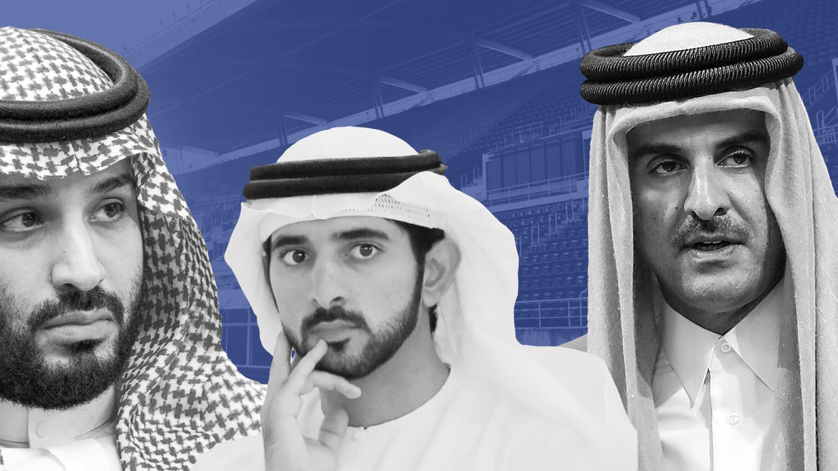 Mohamed bin Salman, príncipe de Arabia Saudí, Sheikh Hamdan bin Mohammed Al Maktoum, príncipe de los Emiratos Árabes Unidos, y Sheikh Tamim Bin Hamad Al Thani, emir de Catar, en un fotomontaje