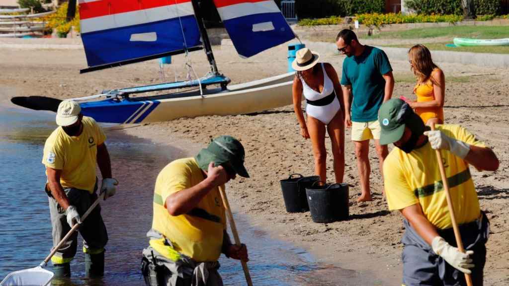 Unos turistas mirando un capazo de peces muertos en el Mar Menor.
